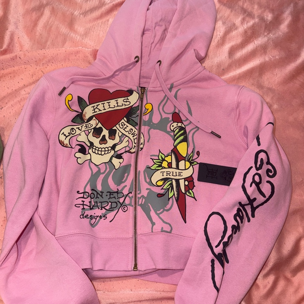 Fashion Nova Pink Tattoo Graphic Zip-Up Hoodie